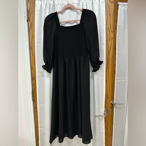Nanette Lepore Black Midi Dress with Smocked Bodice